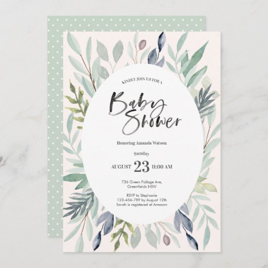 Green Foliage Baby shower Invitation Kaart (Voorkant / Achterkant)