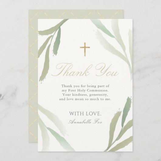 Green Foliage First Heilige Communie Dank u wel Kaart (Voorkant / Achterkant)