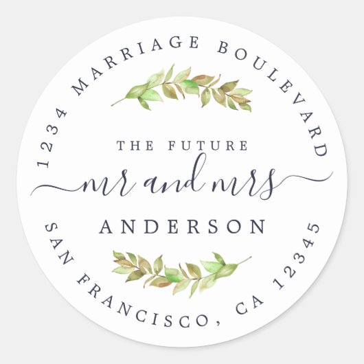 Green Foliage Future Mrs Wedding Return Address Ronde Sticker (Voorkant)