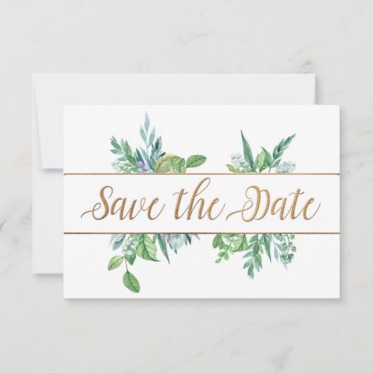 Green Foliage & Gold Script Save the Date Kaart (Voorkant)
