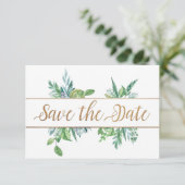 Green Foliage & Gold Script Save the Date Kaart (Staand voorkant)