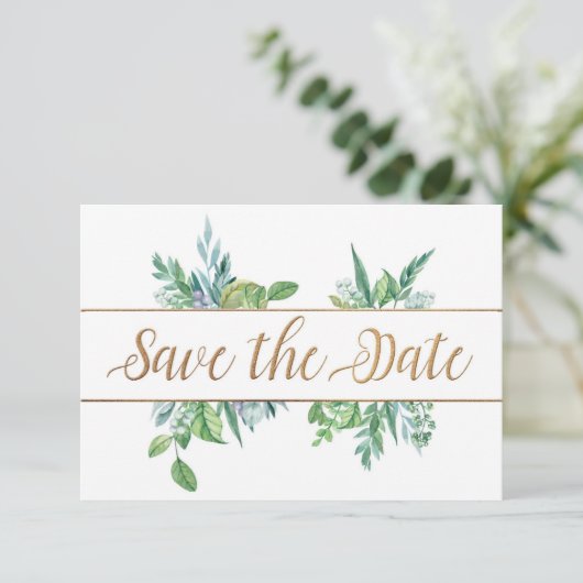 Green Foliage & Gold Script Save the Date Kaart (Staand voorkant)