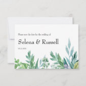 Green Foliage & Gold Script Save the Date Kaart (Achterkant)