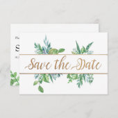 Green Foliage & Gold Script Save the Date Kaart (Voorkant / Achterkant)