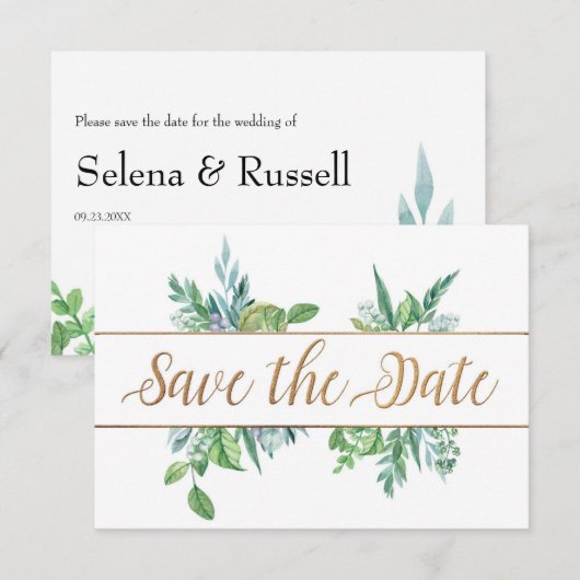 Green Foliage & Gold Script Save the Date Kaart (Voorkant / Achterkant)