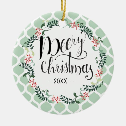 Green Foliage kersttypografie Editable Keramisch Ornament (Voorkant)