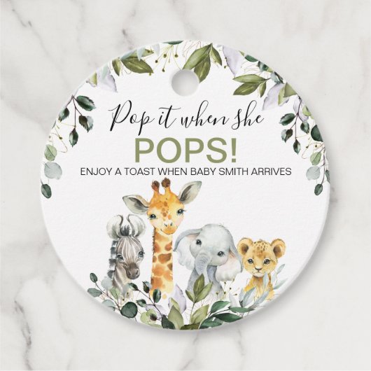 Green Foliage Safari Baby shower Pop It Bedankjes Labels (Voorkant)