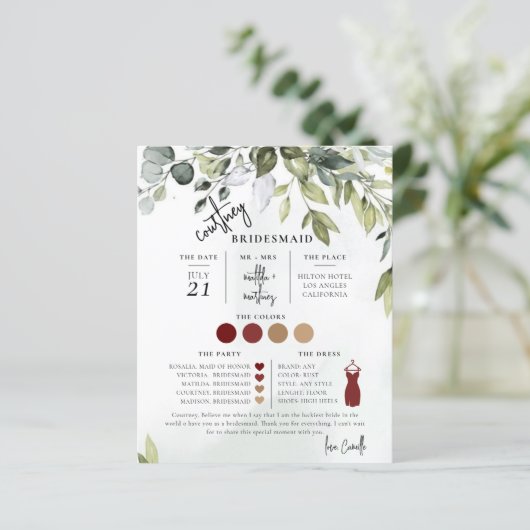 Green Foliage Text Script Bridesmaid info Card (Staand voorkant)