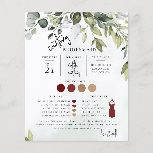 Green Foliage Text Script Bridesmaid info Card (Voorkant)