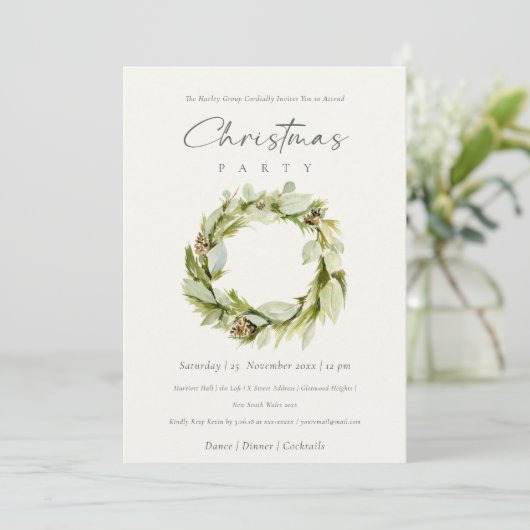 Green Foliage Winter Wreate Kerstparty Kaart (Staand voorkant)