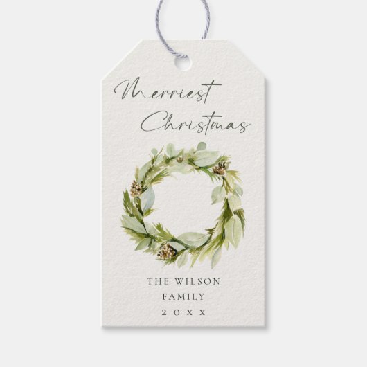 Green Foliage Winter Wreath Merriest Kerstmis Cadeaulabel (Voorkant)