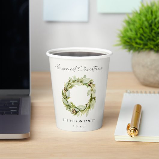 Green Foliage Winter Wreath Merriest Kerstmis Papieren Bekers (Insitu)