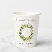 Green Foliage Winter Wreath Merriest Kerstmis Papieren Bekers (Achterkant)