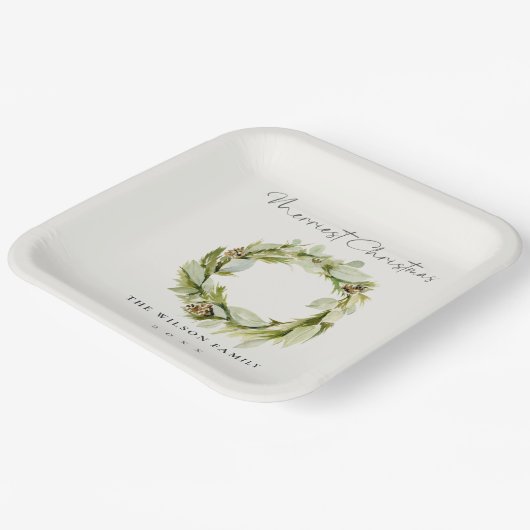 Green Foliage Winter Wreath Merriest Kerstmis Papieren Bordje (Gebogen)