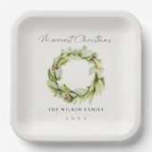 Green Foliage Winter Wreath Merriest Kerstmis Papieren Bordje (Voorkant)