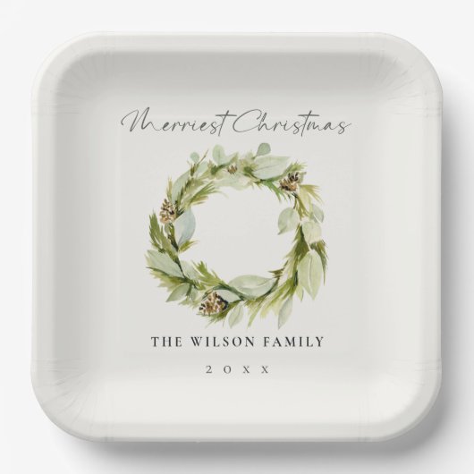 Green Foliage Winter Wreath Merriest Kerstmis Papieren Bordje (Voorkant)