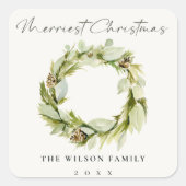 Green Foliage Winter Wreath Merriest Kerstmis Vierkante Sticker (Voorkant)