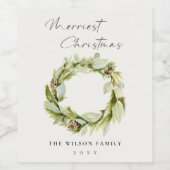 Green Foliage Winter Wreath Merriest Kerstmis Wijn Etiket (Enkel label)
