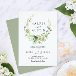 Green Foliage Wreath Botanical Wedding Invitation Kaart