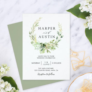 Green Foliage Wreath Botanical Wedding Invitation Kaart