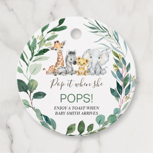Green Foliage Wreath Safari Baby shower Pop it Bedankjes Labels (Voorkant)