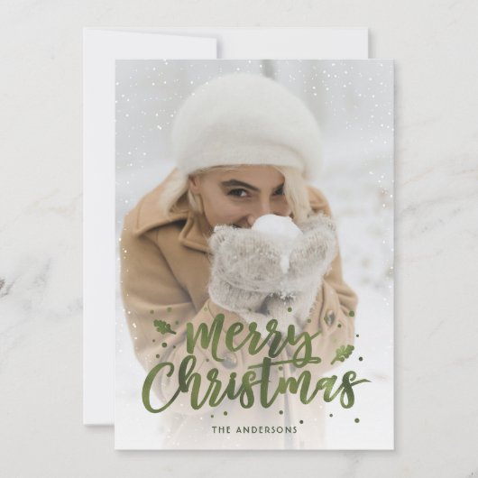 Green Folie Script Sneeuwfotokerstkaarten Feestdagenkaart (Voorkant)