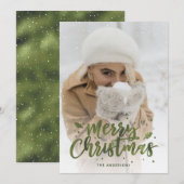 Green Folie Script Sneeuwfotokerstkaarten Feestdagenkaart (Voorkant / Achterkant)