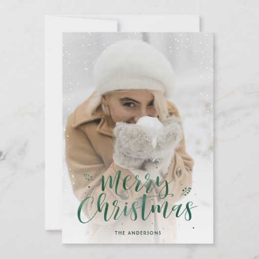 Green Folie Script Sneeuwfotokerstkaarten Feestdagenkaart (Voorkant)