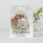 Green Folie Script Sneeuwfotokerstkaarten Feestdagenkaart (Staand voorkant)