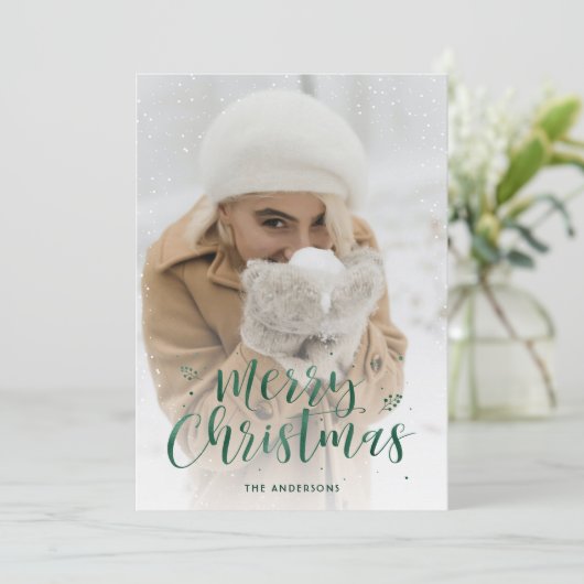 Green Folie Script Sneeuwfotokerstkaarten Feestdagenkaart (Staand voorkant)