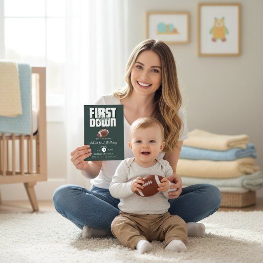 Green Football First Birthday Invite Kaart