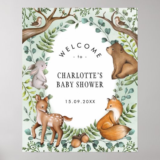 Green Forest Dieren Baby shower Welkom Poster (Voorkant)