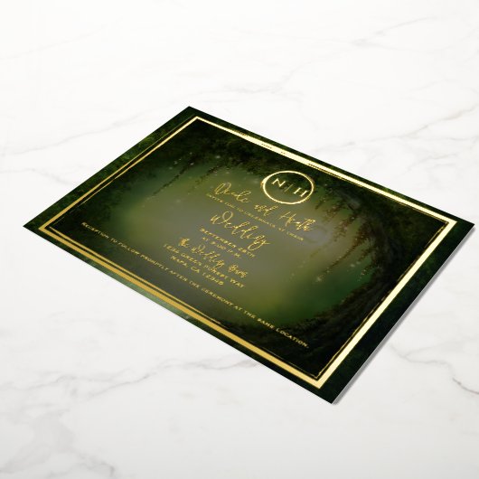 Green Forest Lights Elegant Wedding Gold Folie Uitnodiging (Gedraaid)