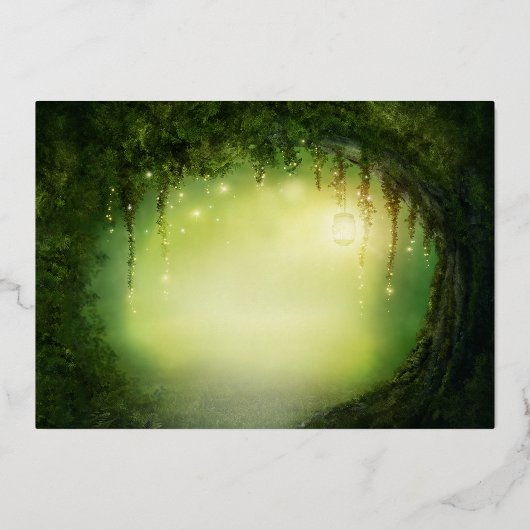 Green Forest Lights Elegant Wedding Gold Folie Uitnodiging (Achterkant)