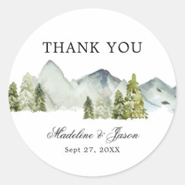 Green Forest Mountains Script bruiloft dank u Ronde Sticker