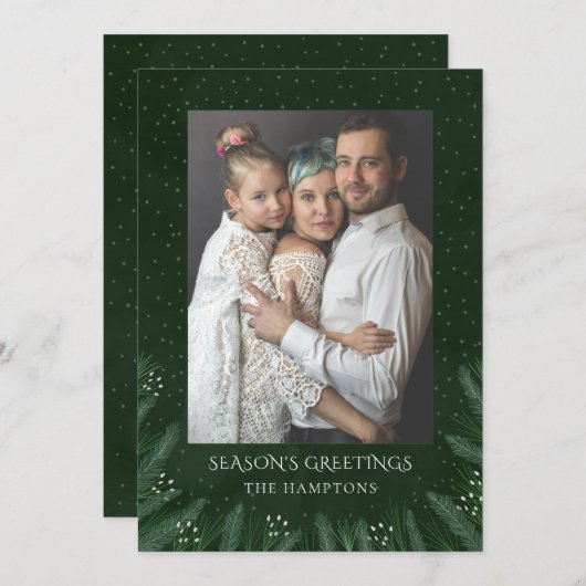 Green Forest Pine Branches Photo Holiday Card Feestdagenkaart (Voorkant / Achterkant)