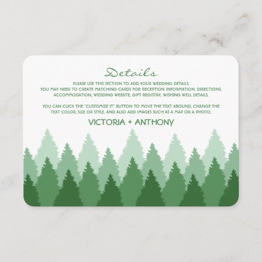 Green Forest Range Woodland bruiloft detail Informatiekaartje (Voorkant)