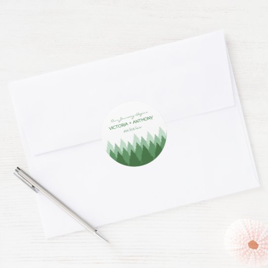 Green Forest Range Woodland bruiloft gunst Ronde Sticker (Envelop)