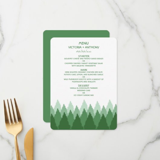 Green Forest Range Woodland bruiloft Menu (Voorkant / Achterkant in situ)
