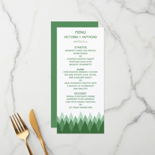 Green Forest Range Woodland bruiloft Menu (Voorkant / Achterkant in situ)
