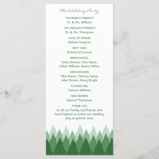 Green Forest Range Woodland bruiloft Programmakaart (Achterkant)