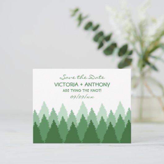 Green Forest Range Woodland Bruiloft Save The Date Briefkaart (Staand voorkant)
