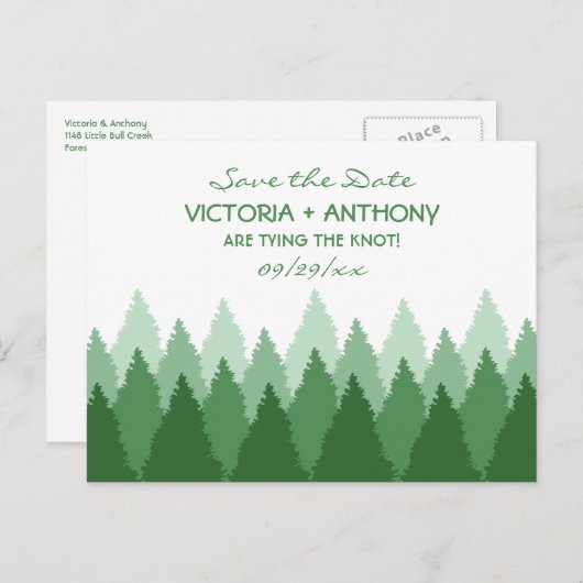 Green Forest Range Woodland Bruiloft Save The Date Briefkaart (Voorkant / Achterkant)