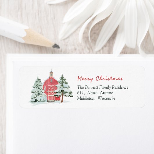 Green Forest Red Barn Pine Kerstboom Adres Etiket (Insitu)