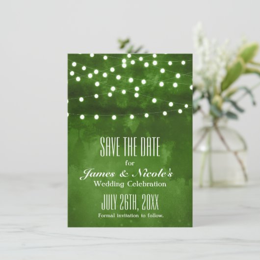 Green Forest rustieke string lampjes opslaan van d Save The Date (Staand voorkant)