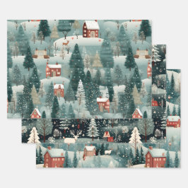 Green Forest Winter Village Inpakpapier Vel