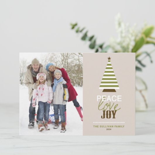 Green foto van Peace Love and Joy kerstboom Feestdagenkaart (Staand voorkant)