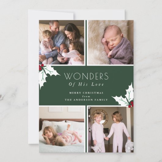 Green Four Photo KerstHolly Feestdagenkaart (Voorkant)