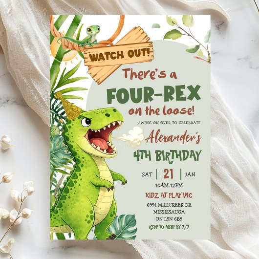 Green Four Rex On The Loose Fourth Birthday Kaart