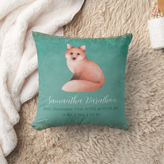 Green Fox Personalized Baby Birth Stats Nursery Kussen (Deken)